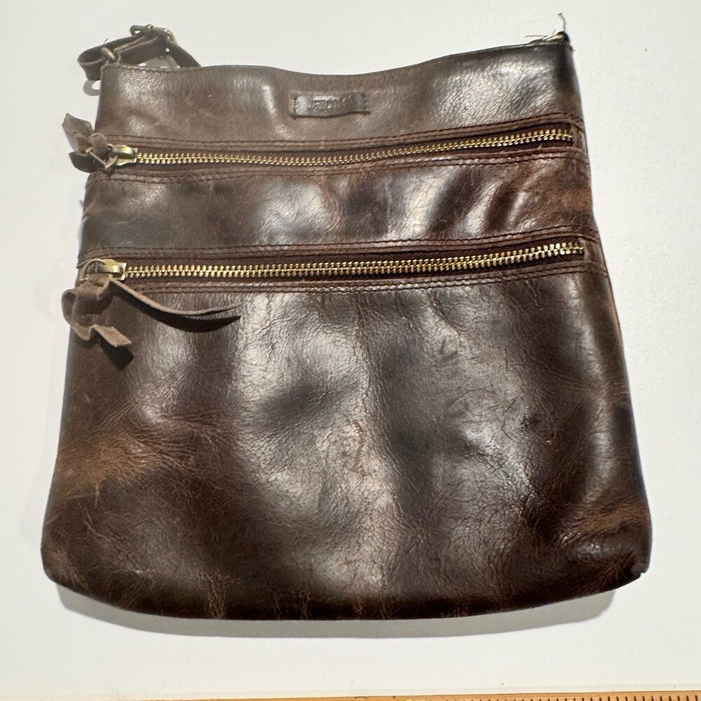 S-ZONE Brown Leather Crossbody Bag Distressed Multi-Pocket Purse
